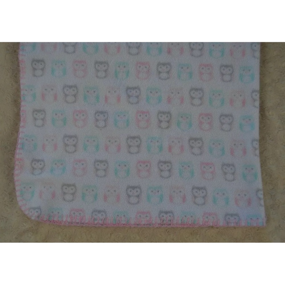 Cuddle Time Owl Baby Blanket White Pink Gray Aqua Blue Stitched Edge Fleece
